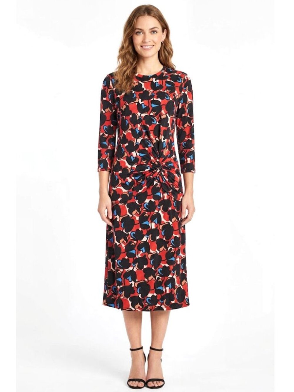 Hugo Boss Twist Front Midi Dress, Red Black Floral, Womens Size M